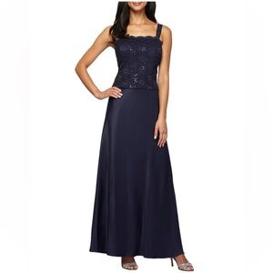 Alex Evenings Sequin Lace & Satin Sleeveless Evening Gown Women Size 14 Blue